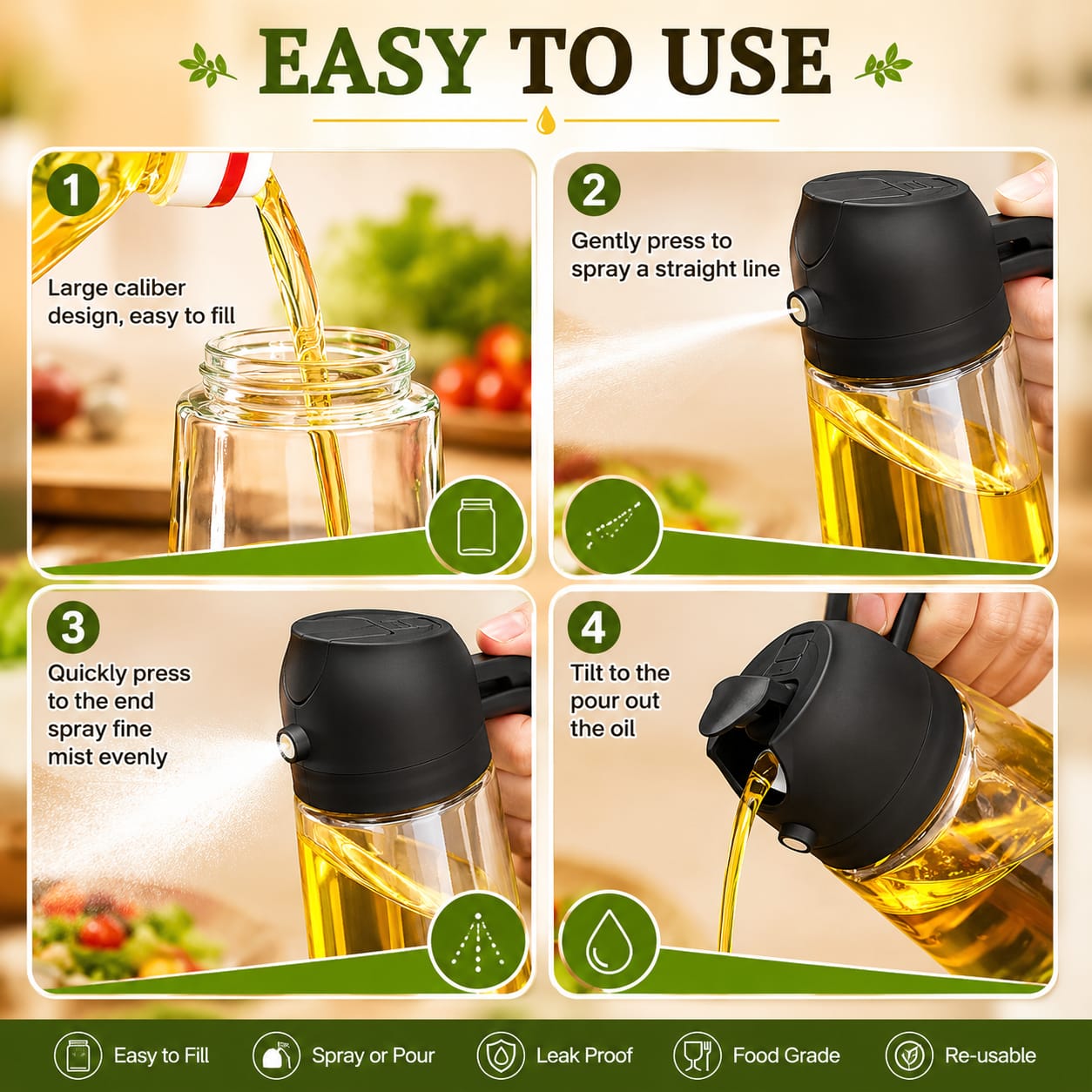 Glass Oil Sprayer and Dispenser Bottle, 500ml Capacity, 2-in-1 Design with Premium Nozzle for Cooking, Black