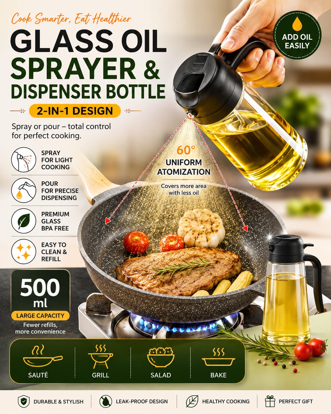 Glass Oil Sprayer and Dispenser Bottle, 500ml Capacity, 2-in-1 Design with Premium Nozzle for Cooking, Black