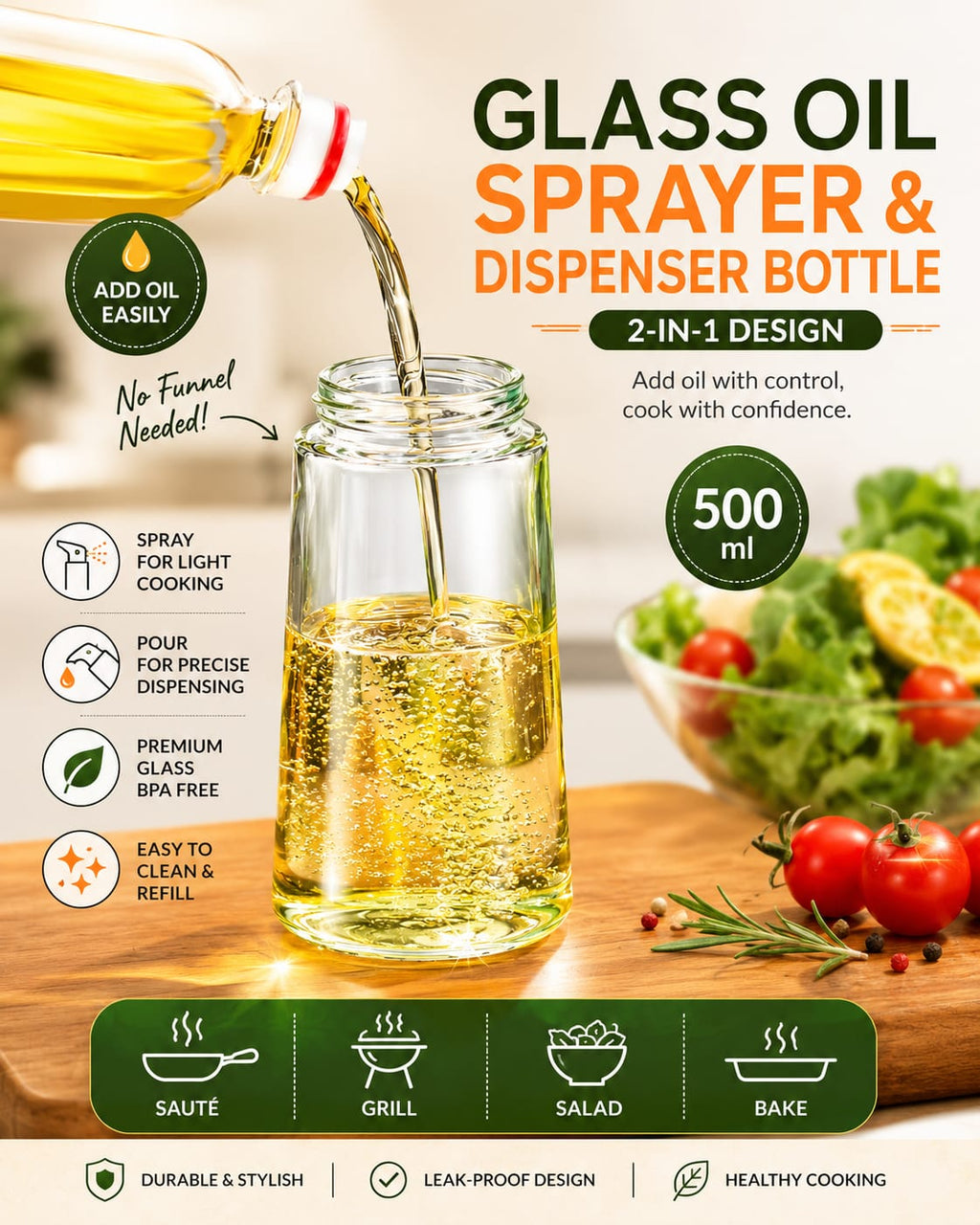 Glass Oil Sprayer and Dispenser Bottle, 500ml Capacity, 2-in-1 Design with Premium Nozzle for Cooking, Black