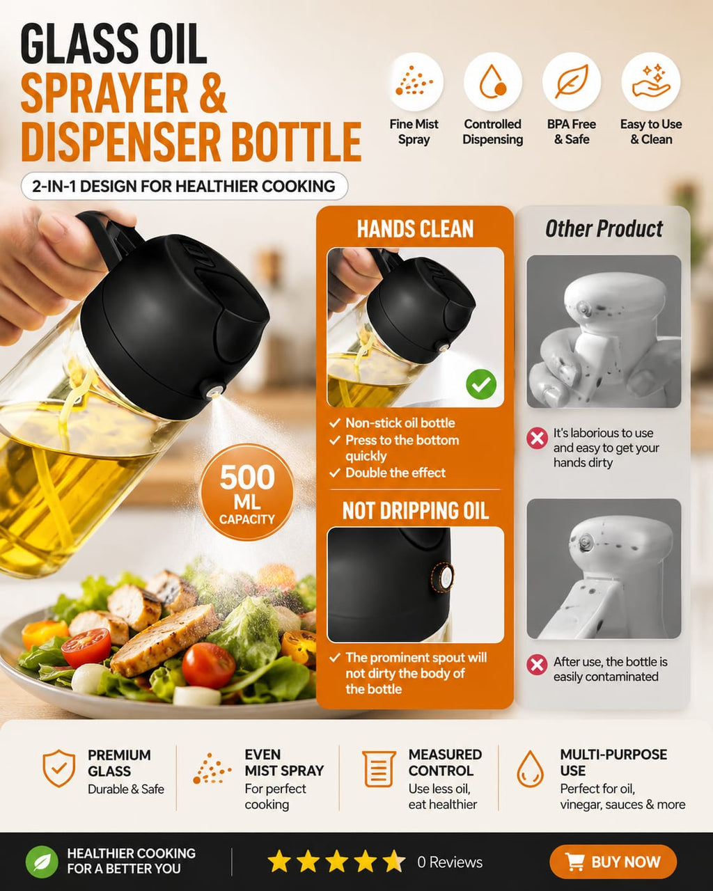 Glass Oil Sprayer and Dispenser Bottle, 500ml Capacity, 2-in-1 Design with Premium Nozzle for Cooking, Black
