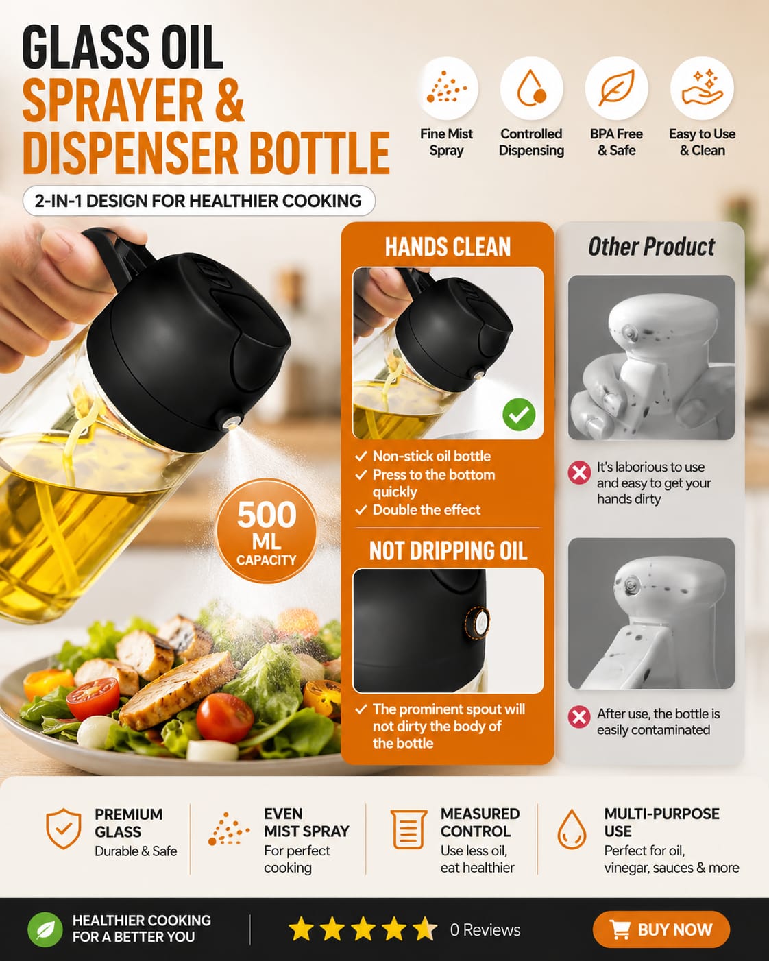 Glass Oil Sprayer and Dispenser Bottle, 500ml Capacity, 2-in-1 Design with Premium Nozzle for Cooking, Black