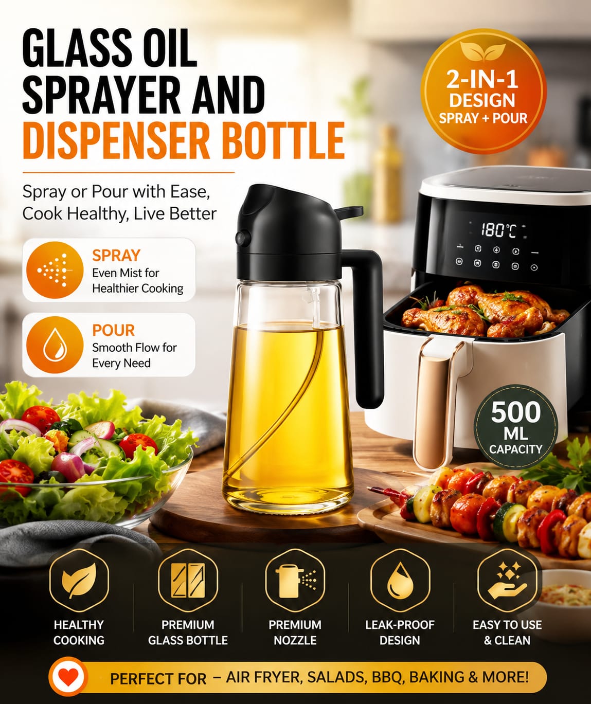 Glass Oil Sprayer and Dispenser Bottle, 500ml Capacity, 2-in-1 Design with Premium Nozzle for Cooking, Black