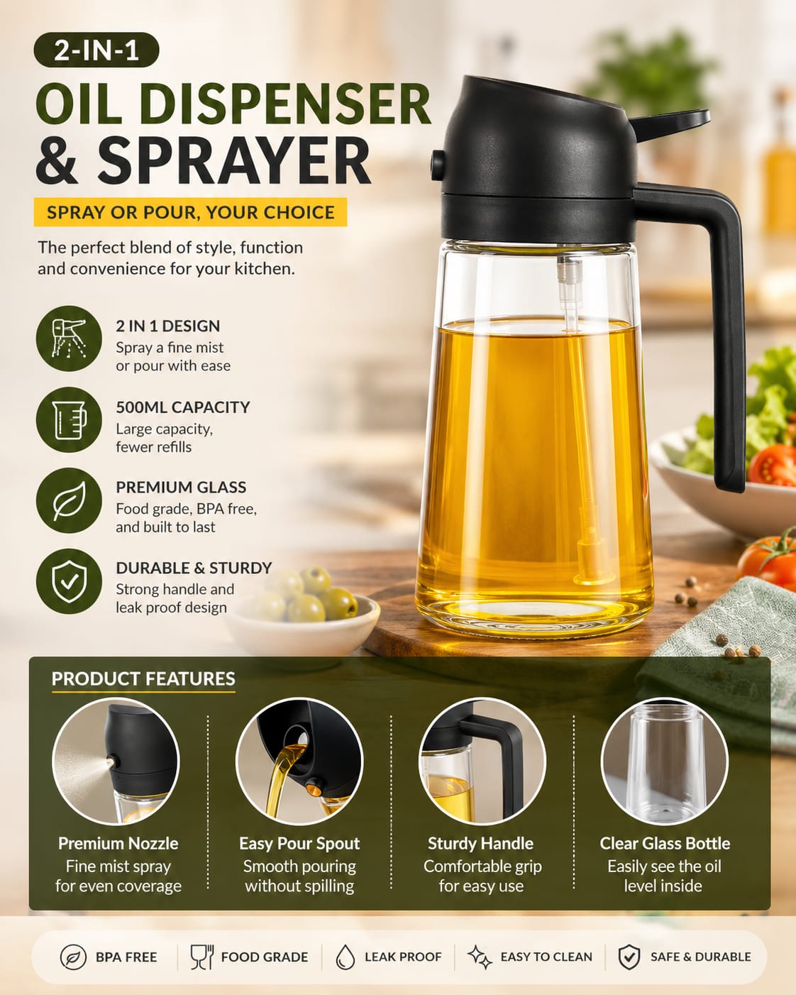 Glass Oil Sprayer and Dispenser Bottle, 500ml Capacity, 2-in-1 Design with Premium Nozzle for Cooking, Black